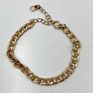 Vintage Gold Tone Curb Chain‎ Bracelet Rhinestone Charm Adjustable Lobster Clasp